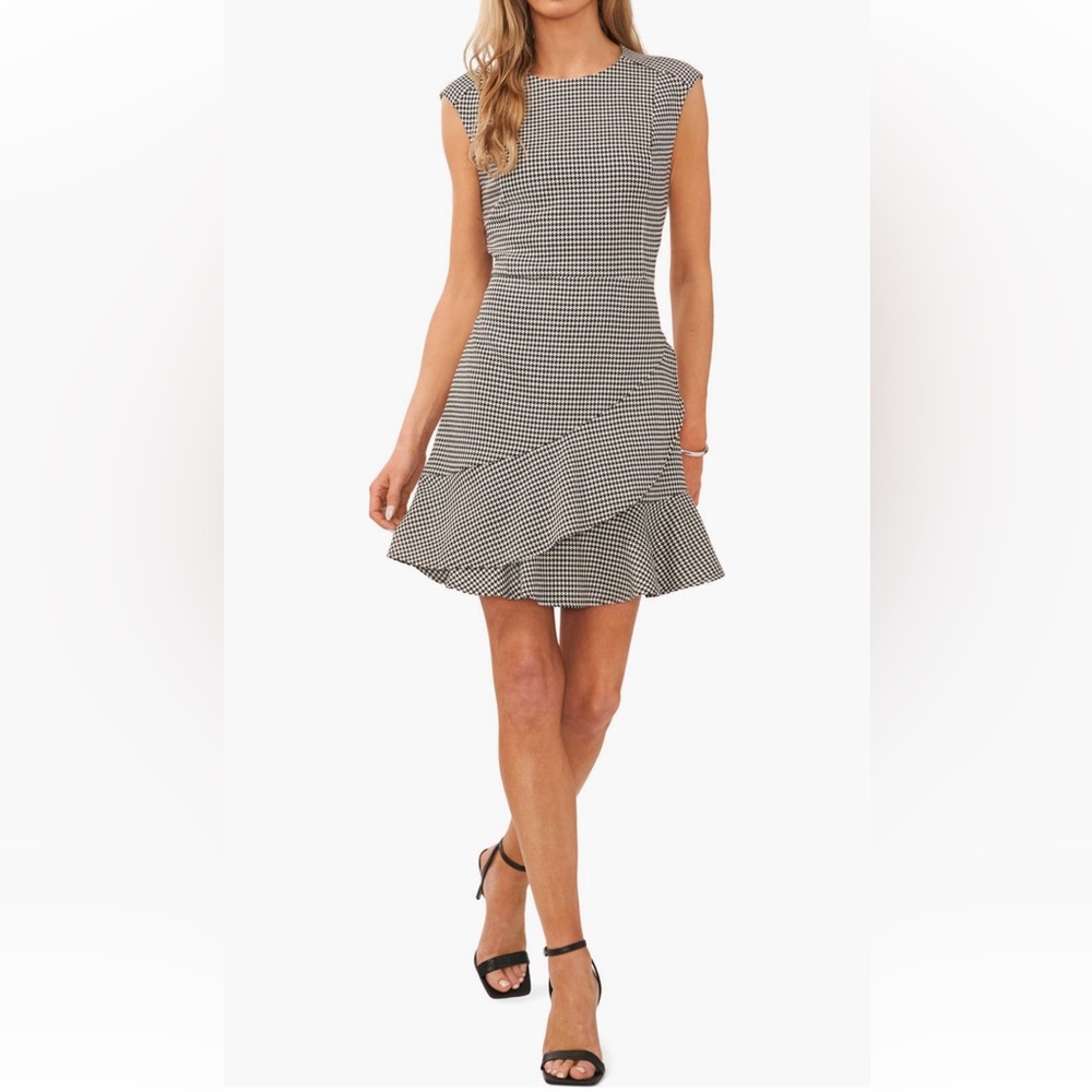 NWT Halogen Houndstooth Check Cap Sleeve Ruffle Hem Sleeveless Dress Rich Black
